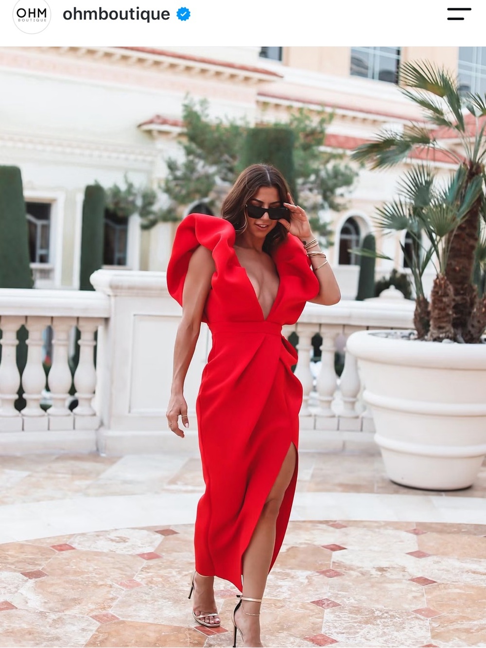 Ohm Boutique - Mable Red Poof-Sleeve Plunge Midi Dress Not Available in Store